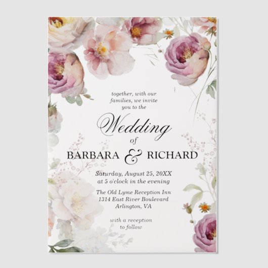 ピンクエレガントのワイルドフラワーのウォーター結婚カラー ベラム紙招待状 (正面)