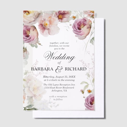 ピンクエレガントのワイルドフラワーのウォーター結婚カラー ベラム紙招待状 (オフセット)
