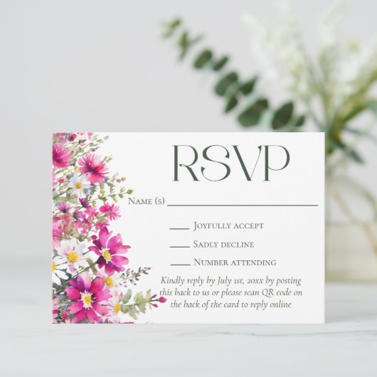 ピンクエレガントのワイルドフラワーフローラ結婚のQRコード 出欠カード (スタンド正面)
