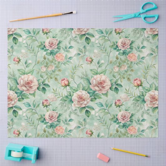 ピンクエレガントのヴィンテージインスパイア花模様 薄葉紙 (クラフト)