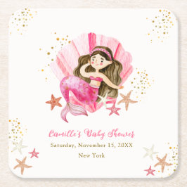 ピンクエレガントの人魚海ヒトデ赤ちゃんシャワー スクエアペーパーコースター