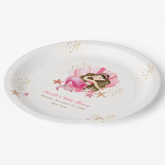 ピンクエレガントの人魚海ヒトデ赤ちゃんシャワー ペーパープレート (アングル)
