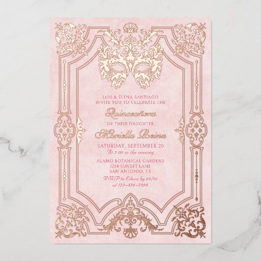 ピンクエレガントの仮装マスクキンセアニェラ 箔招待状 (正面)