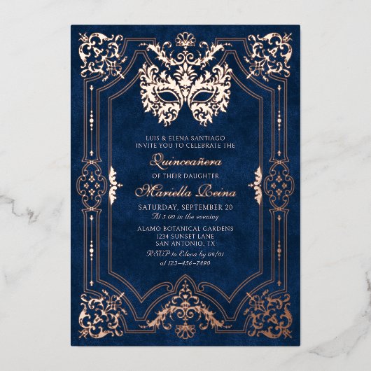 ピンクエレガントの仮装マスクキンセアニェラ 箔招待状 (正面)