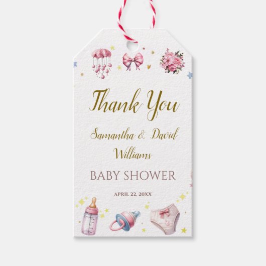 ピンクエレガントの優雅な赤ちゃんシャワーフローラ ギフトタグ (正面)