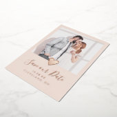 ピンクエレガントの写真日付を保存実在バラ金ゴールド 箔招待状 (回転した状態)