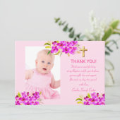 ピンクエレガントの写真金ゴールドクロスガールバプテスマ サンキューカード (スタンド正面)