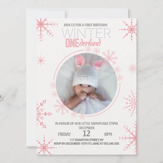 ピンクエレガントの冬のオネダーランド1st誕生日の写真 招待状 (正面)