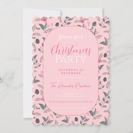 ピンクエレガントの冬のフローラ水の色クリスマス 招待状 (正面)