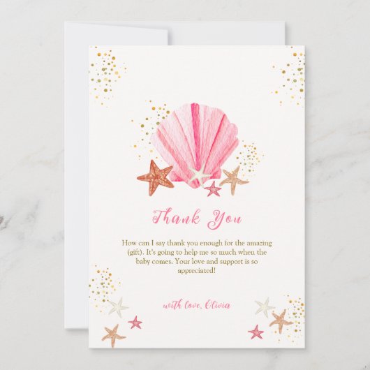 ピンクエレガントの夏のヒトデの貝殻ベビーシャワー サンキューカード (正面)