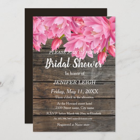ピンクエレガントの夏の花素朴なブライダルシャワー 招待状 (正面/裏面)
