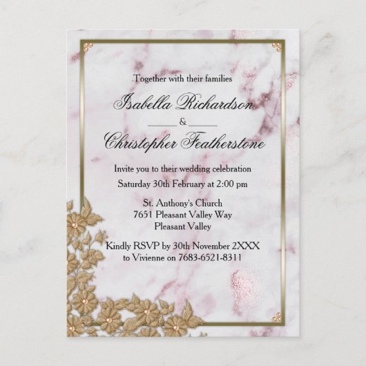 ピンクエレガントの大理石と金ゴールドの結婚真珠 ポストカード (正面)