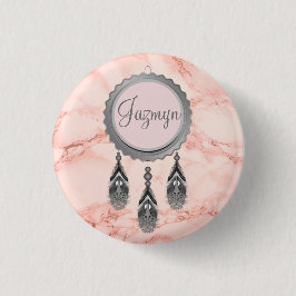 ピンクエレガントの大理石にグレーのドリームキャッチャー 缶バッジ