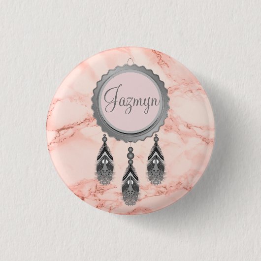 ピンクエレガントの大理石にグレーのドリームキャッチャー 缶バッジ (正面)