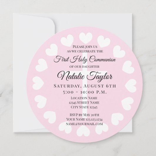 ピンクエレガントの女の子が初めての聖なる聖餐式の宗教 招待状 (裏面)