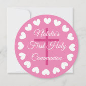 ピンクエレガントの女の子が初めての聖なる聖餐式の宗教 招待状 (正面)