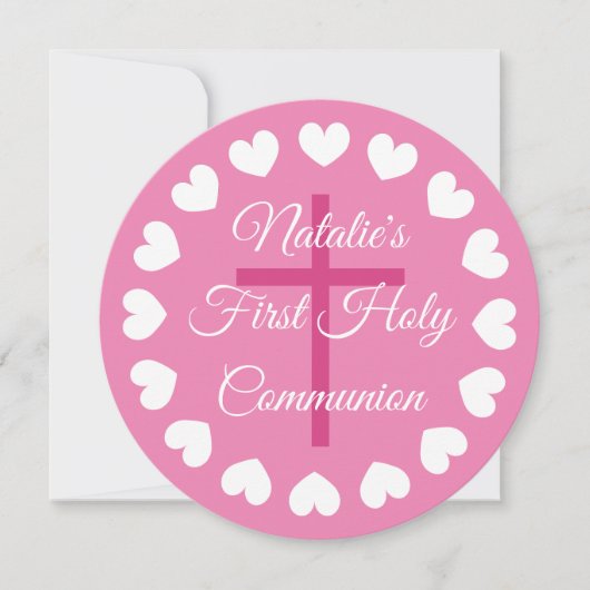 ピンクエレガントの女の子が初めての聖なる聖餐式の宗教 招待状 (正面)