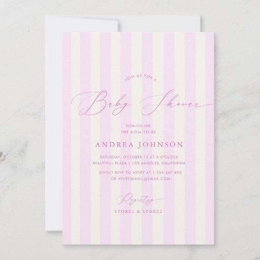 ピンクエレガントの女ストライプの子の赤ちゃんシャワーの招待状 招待状 (正面)