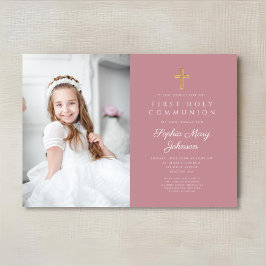 ピンクエレガントの宗教少女の写真第一聖餐式 招待状