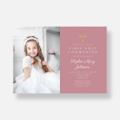 ピンクエレガントの宗教少女の写真第一聖餐式 招待状