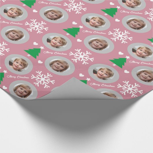ピンクエレガントの家族の写真のカスタムクリスマス ラッピングペーパー (角)