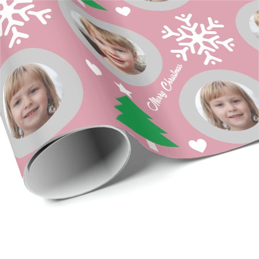 ピンクエレガントの家族の写真のカスタムクリスマス ラッピングペーパー (ロールコーナー)
