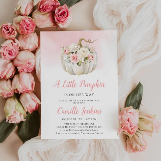 ピンクエレガントの小さなかぼちゃの女の子の赤ちゃんシャワー 招待状
