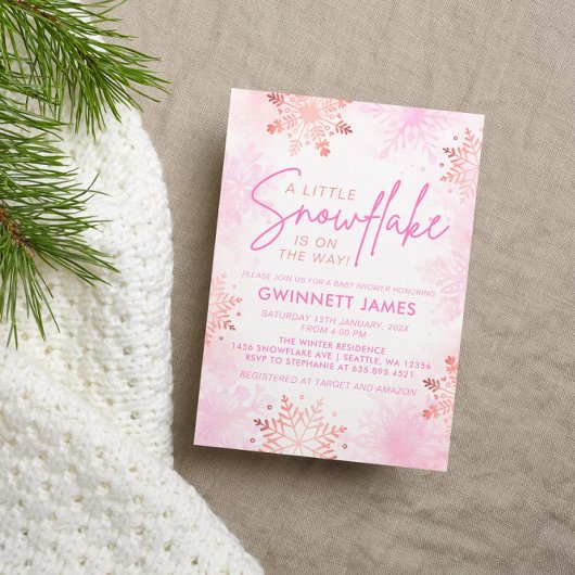 ピンクエレガントの小さなスノーフレーク赤ちゃんシャワー 招待状
