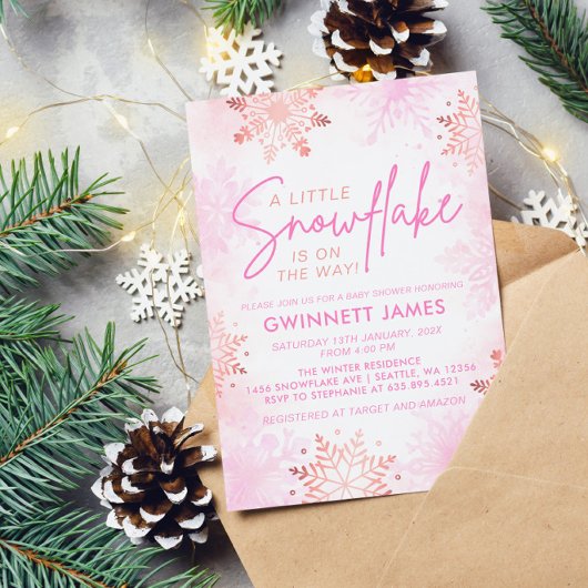 ピンクエレガントの小さなスノーフレーク赤ちゃんシャワー 招待状