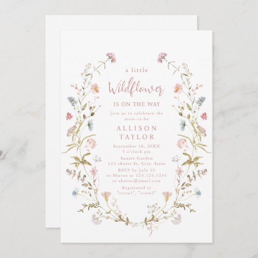 ピンクエレガントの小さな野草坊保赤ちゃんシャワー 招待状 (正面/裏面)