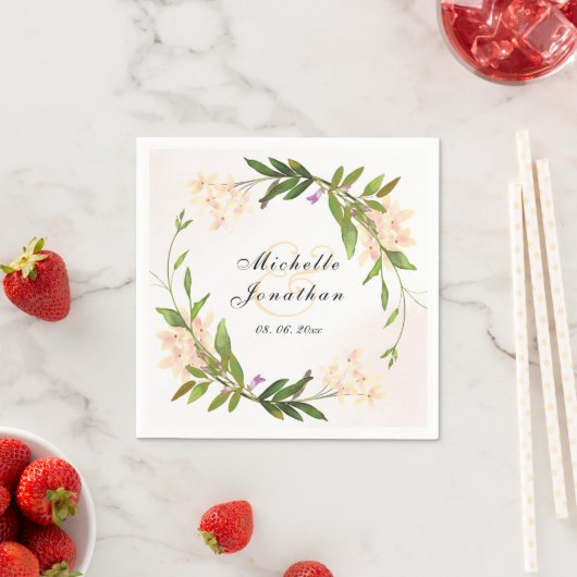 ピンクエレガントの庭の花が緑結婚色 スタンダードカクテルナプキン (インサイチュ)