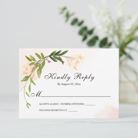 ピンクエレガントの庭の花が緑結婚色 出欠カード (スタンド正面)