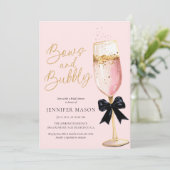 ピンクエレガントの弓と泡立つブライダルシャワー 招待状 (スタンド正面)