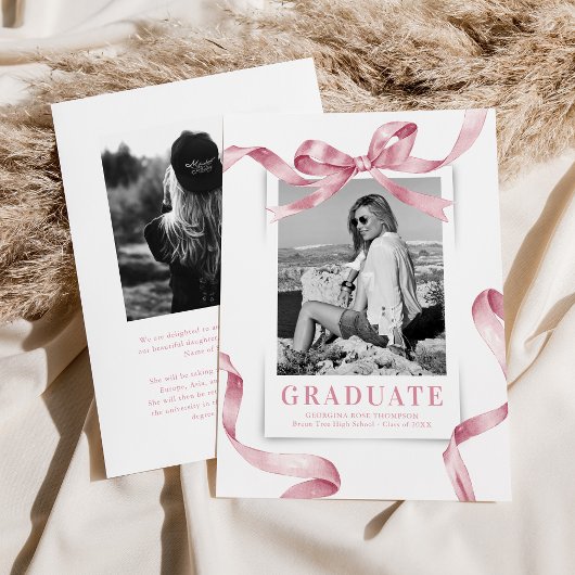 ピンクエレガントの弓の写真卒業 案内状