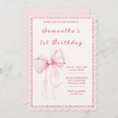 ピンクエレガントの弓の女の子のための最初の誕生日 招待状 (正面/裏面)