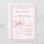 ピンクエレガントの弓の女の子のための最初の誕生日 招待状 (正面)