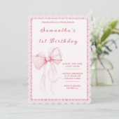 ピンクエレガントの弓の女の子のための最初の誕生日 招待状 (スタンド正面)