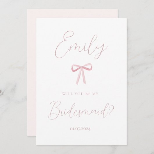 ピンクエレガントの弓は私の花嫁の提案 招待状 (正面/裏面)