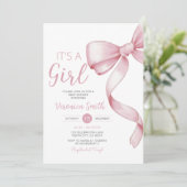 ピンクエレガントの弓をテーマにした女の子コケット赤ちゃんシャワー 招待状 (スタンド正面)