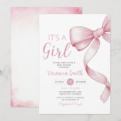 ピンクエレガントの弓をテーマにした女の子コケット赤ちゃんシャワー 招待状 (正面/裏面)