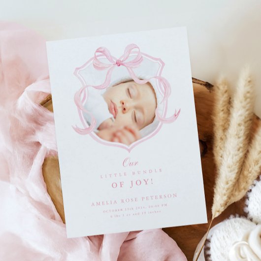 ピンクエレガントの弓ガール写真誕生のお知らせ 案内状