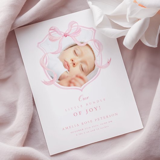 ピンクエレガントの弓ガール写真誕生のお知らせ 案内状