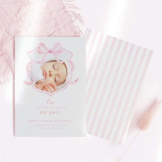 ピンクエレガントの弓ガール写真誕生のお知らせ 案内状