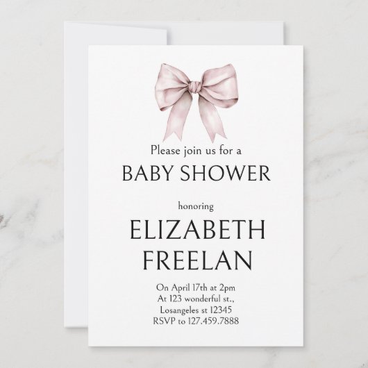 ピンクエレガントの弓ベビーシャワー招待状 招待状 (裏面)