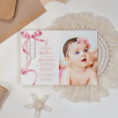 ピンクエレガントの弓&ロザリオ写真バプテスマ 招待状