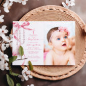 ピンクエレガントの弓&ロザリオ写真バプテスマ 招待状