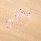 ピンクエレガントの弓&ロザリオ第1聖餐会 アクリル招待状 (レイダウン)