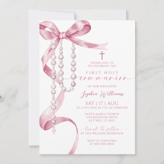 ピンクエレガントの弓&ロザリオ第1聖餐会 招待状 (正面)