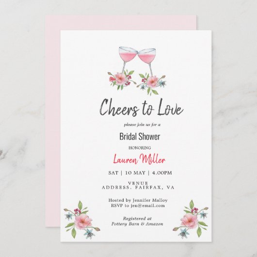 ピンクエレガントの応援を愛するブライダルシャワー 案内状 (正面/裏面)