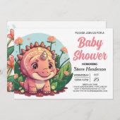 ピンクエレガントの恐竜の女の子の赤ちゃんシャワー 招待状 (正面/裏面)